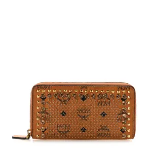 Pre-owned MCM Visetos Canvas Small Leather Goods Visetos Studded Crystal Zip Around Wallet Cognac