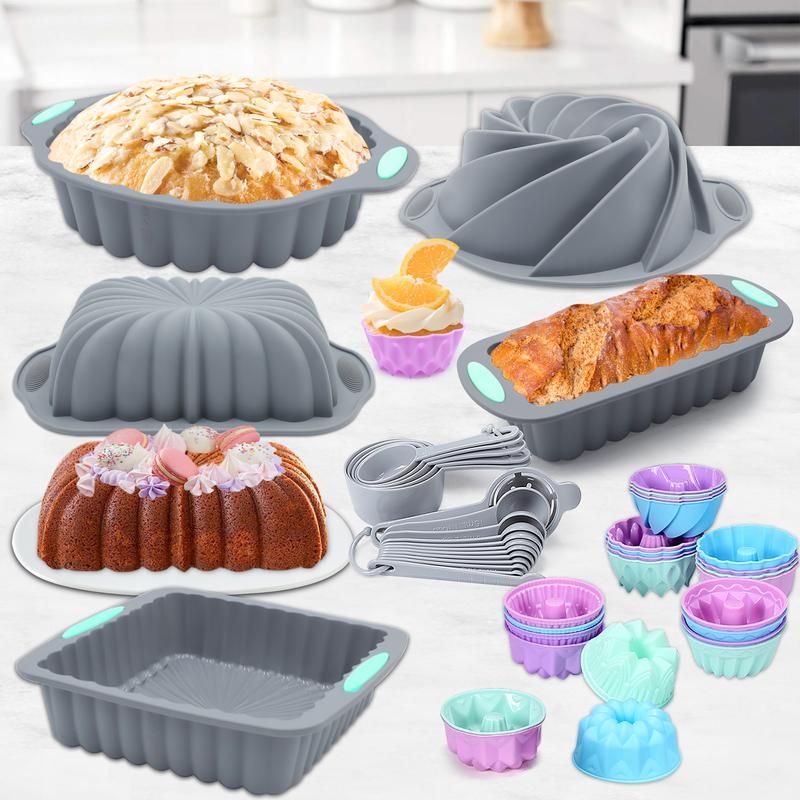 46/25 Pieces,Silicone Bakeware Set, Non-Stick Kitchen Oven Baking Pans, Silicone Cake Molds with Cake Pan, Chiffon Cake Pan, Donut Pan, Charlotte Cake Pan, Square Cake Pan and Loaf Panilicone .Dishwasher safe,Halloween gift. Birthday Fluted Bundt Cake Pan