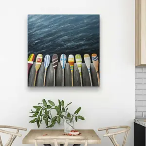 212 MAIN Coastal Brown Wall Art - 32x32 in. High-Def Marine-Themed Print of Colorful Paddles on Dock, Artistic Photo Home Decor for Entryway Decoration, Ideal Home Supplies Gift