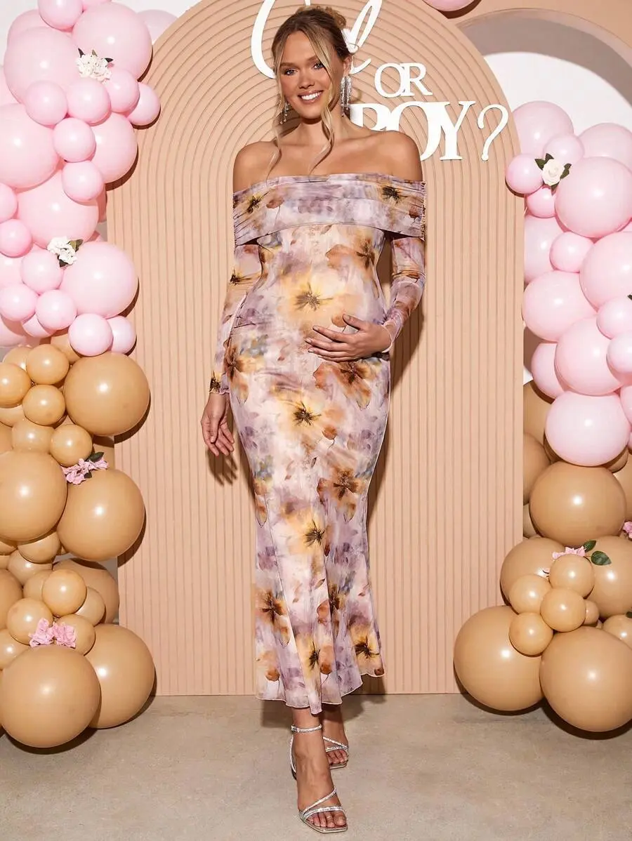 LAFERLIN Elegant Party Floral All Over Print Off-Shoulder Fishtail Maternity Dress,Gender Reveal Dress,Maternity Dress,Baby Shower Dress