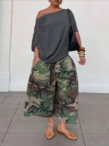High Waist Camouflage Wide Leg Pants, American Vintage Style, Casual Chic Trousers, Side Button Design, Loose Fit, Slimming Straight Leg, Casual Seven-Eighths Pants