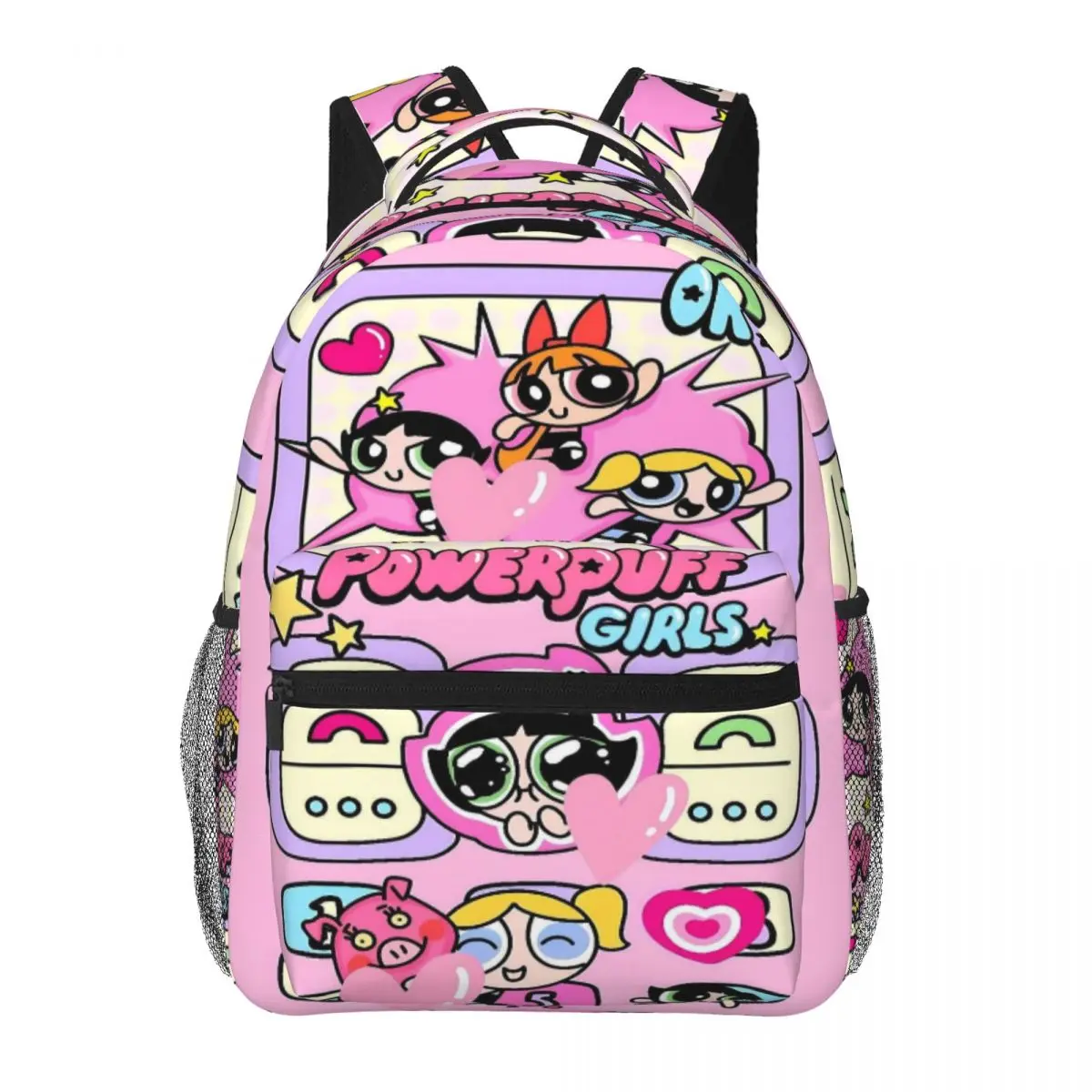 The Powerpuff Girls Polyester Kids' School Daypack, Cute Pink Heart Print, Large-Capacity, Lightweight for Back to School
