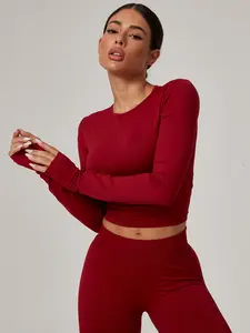 Women's Seamless Knitted Long-Sleeved Sports T-Shirt, Slim-fit, slimming, waist-cinching, Quick-drying, elastic thumb holes, Sports tight-fitting, breathable running, Yoga wear, Gym Tops, Fitness Running Tops