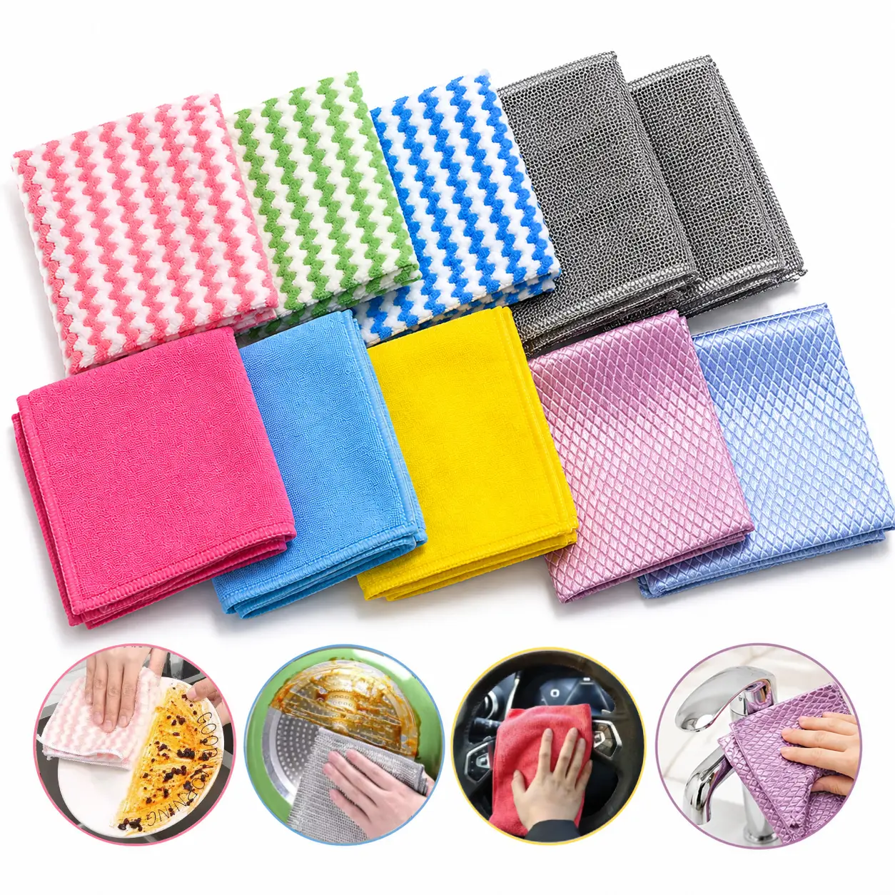 Microfiber Cleaning Cloth 10-Pack – Fish Scale Polishing & Silver Wire Non-Scratch, 4 Textures Starter Kit, Streak Free Reusable Set