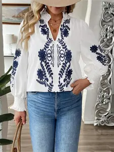 Boho Floral Embroidered Shirt Blouse, Peter Pan Collar V Neck Vneck Lantern Long Sleeve, Casual Wear for Breakfast, Office, Coffee, Travel, Date, Beach