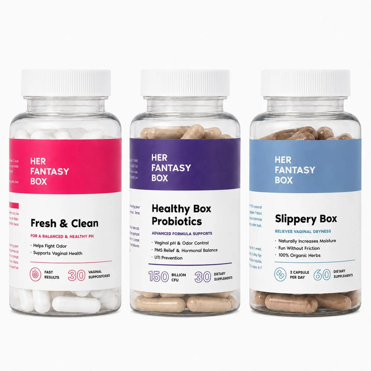 Her Fantasy Box-Ultimate Feminine Health Trio: Odor Control Probiotics, Extra Moisture Capsules & pH Boric Acid Kit