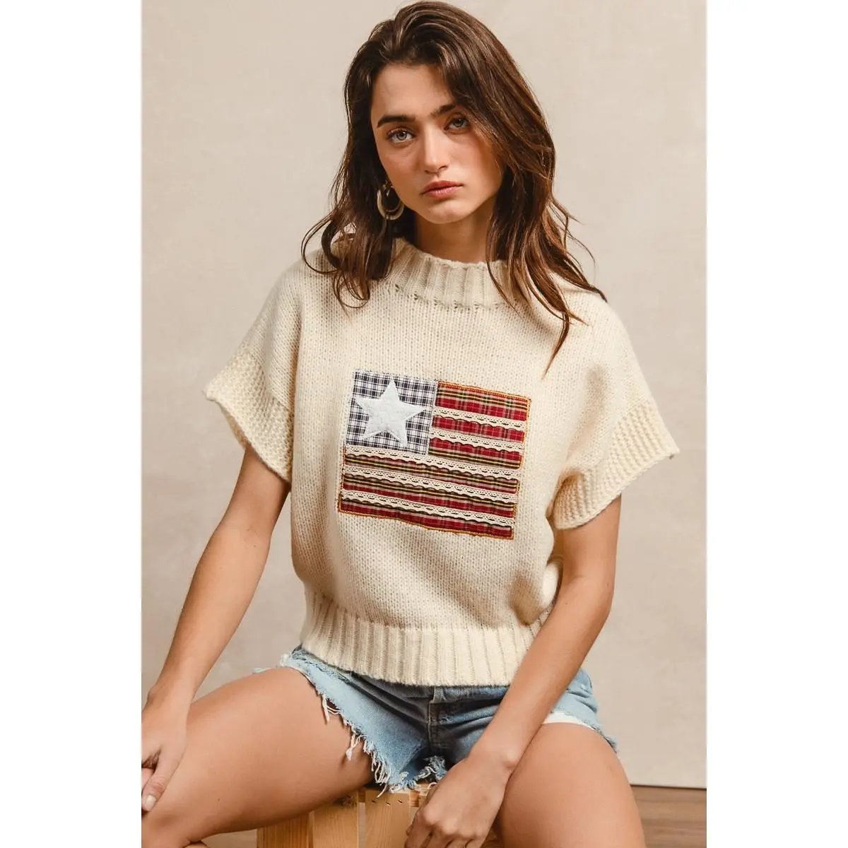 BiBi American Flag Patchwork Drop Shoulder Sweater