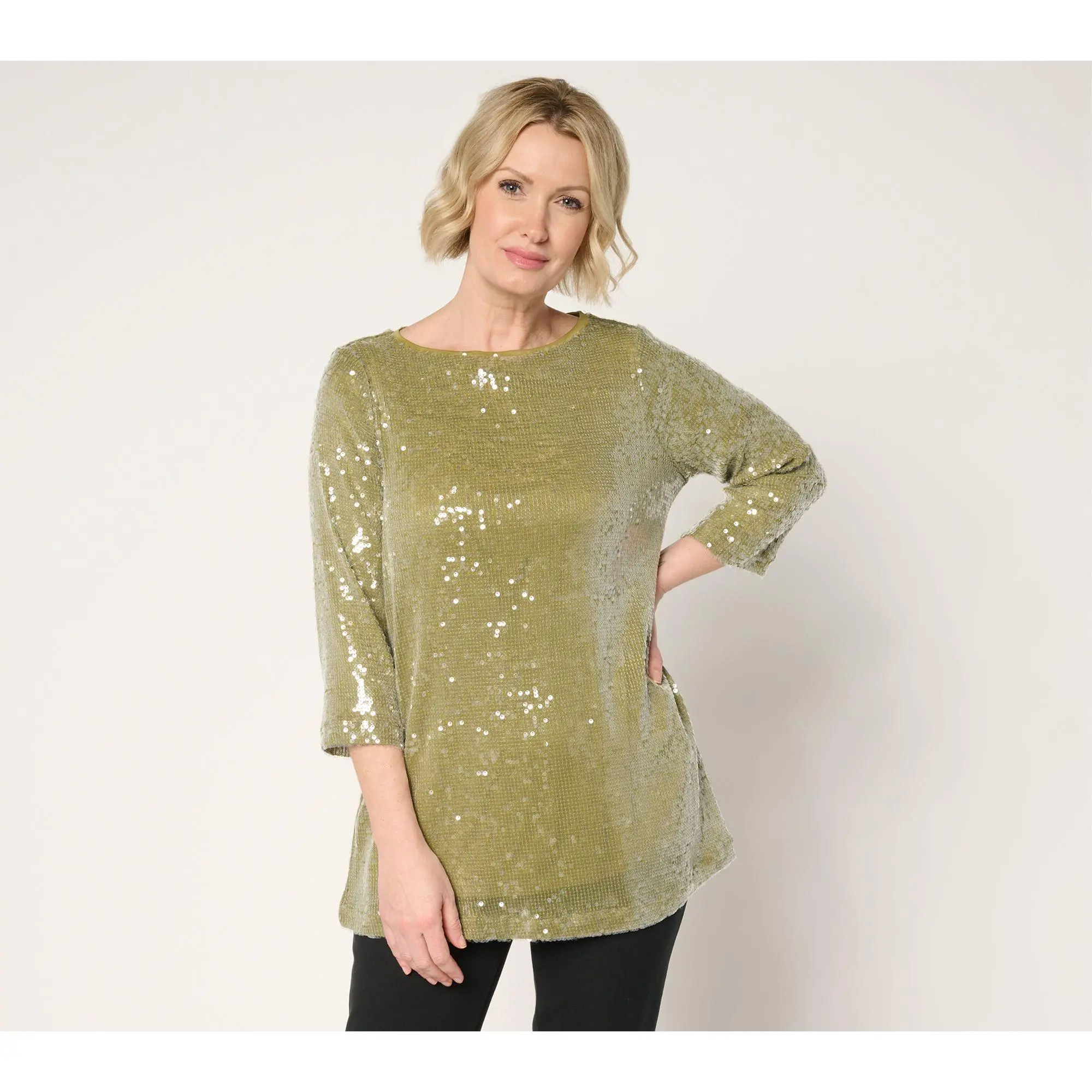 by Stacy London 3/4 Sleeve Lined Sequin Tunic