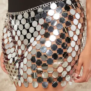 Women Sequin Chainmail Mini Skirt Dot Belly Dance Disco Minimalist Skirts Sparkly Festival Party Outfit Nightclub Wrap Dress Womenswear Bottom