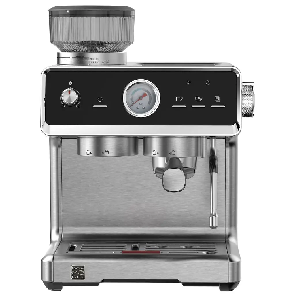 Kenmore KKECMEAT 120V 1850W Elite Stainless Steel Self Tamp Espresso Machine with Grinder & Frother, Silver & Black