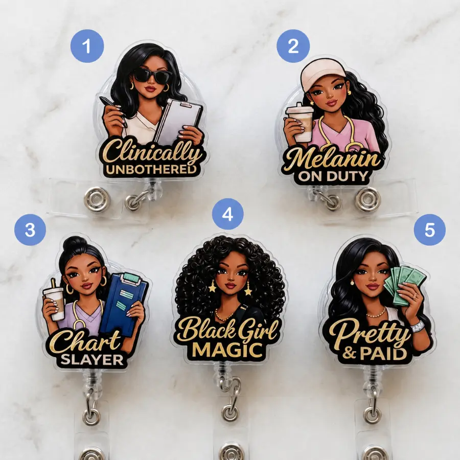 Aesthetic Melanin Girls Badge Reel, Black Girl ID Holder, Cute Acrylic Retractable ID Holder Office Worker Tag Clip, Perfect Gift For Her
