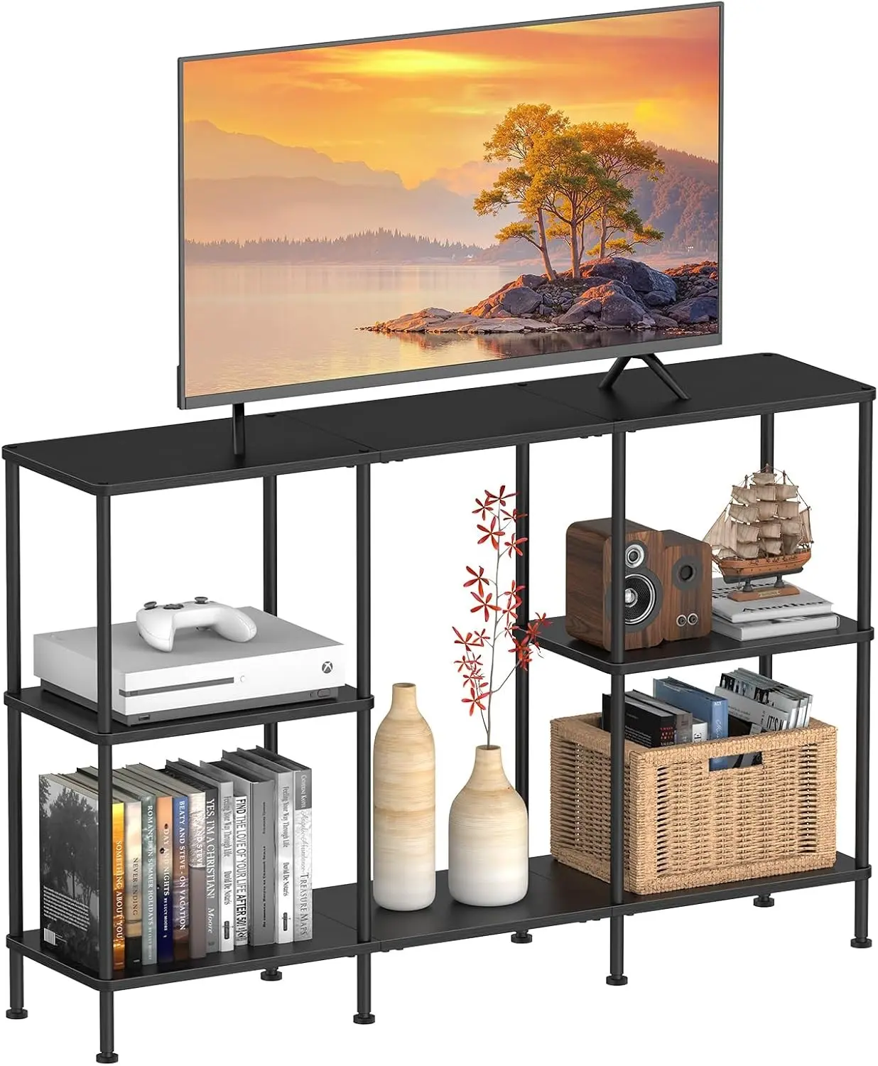 Black Tall 3 Tier TV Stand for 50 43 40 Inch TV, TV Console Table Entertainment Center with Open Storage Shelves for Bedroom Living Room