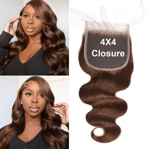 22 Inch 4x4 Body Wave Hd Lace Closure Chocolate Brown #4 Closure Only Human Hair Plucked With Baby Hair Natural Hairline Brown color Body Wave Closure