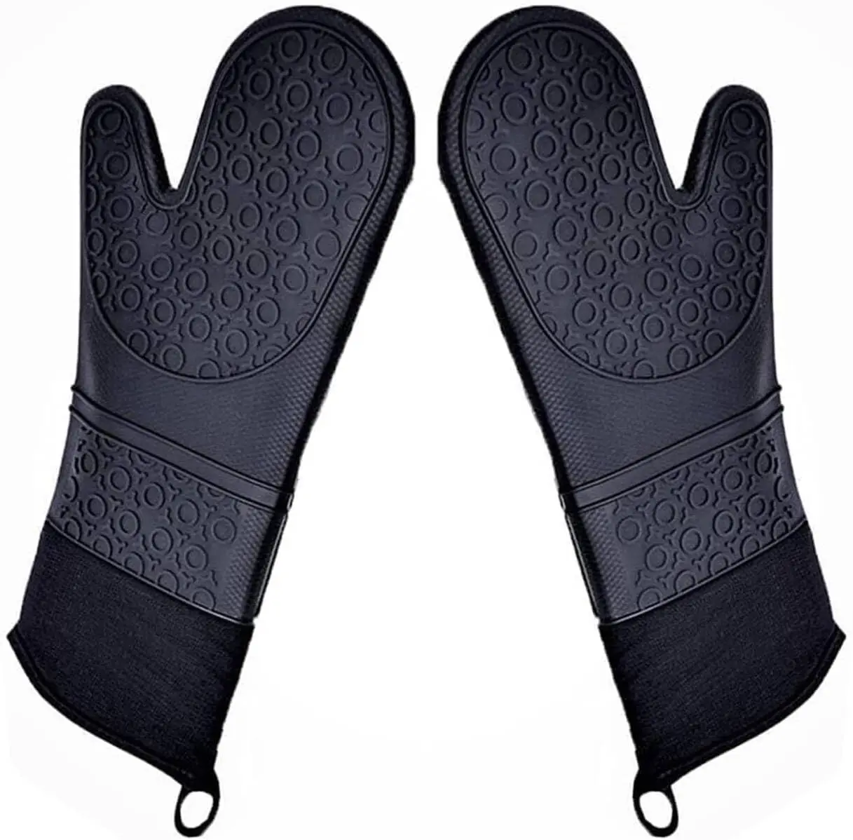Long Professional Silicone Oven Mitts with Quilted Liner, Durable Heat Resistant Oven Gloves, Heat Resistant Oven Gloves,2pcs (Black, 14.2inch)