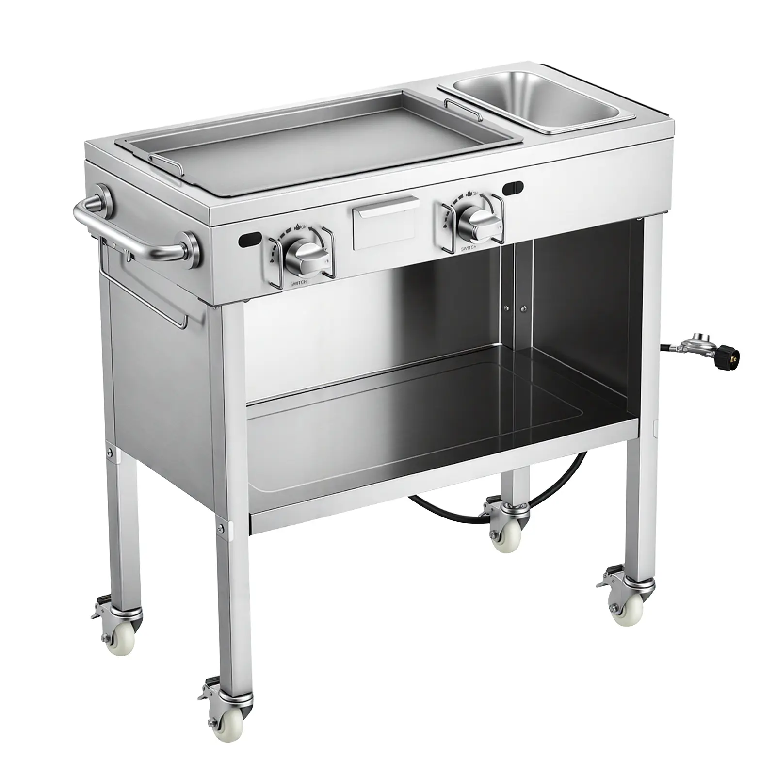 Outdoor Propane Griddle, 2 Burners (11,600 BTU Each), Commercial Stainless Steel Gas Griddle Cart with 4 Lockable Wheels, 1/3 Food Pan, Easy-Grip Side Handle, Ideal for Hot Dogs, Burgers & Meats