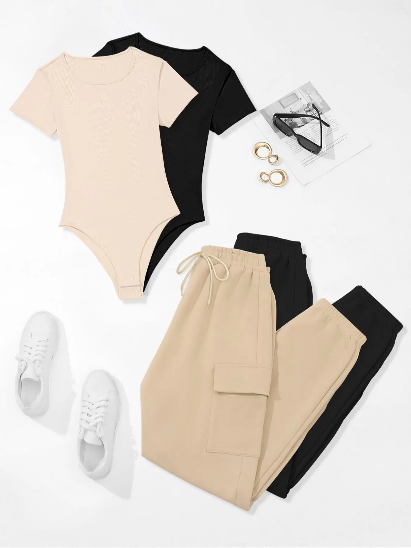 Women's Solid Pocket Pants Set, Casual Lady Short Sleeve Round Neck Bodysuit & Drawstring Waist Cargo Pants Set, Summer Clothes for Outdoor Holiday Daily, Basic Womenswear, Casual Outfits Women, Casual Fashion Set, Casual Style Set