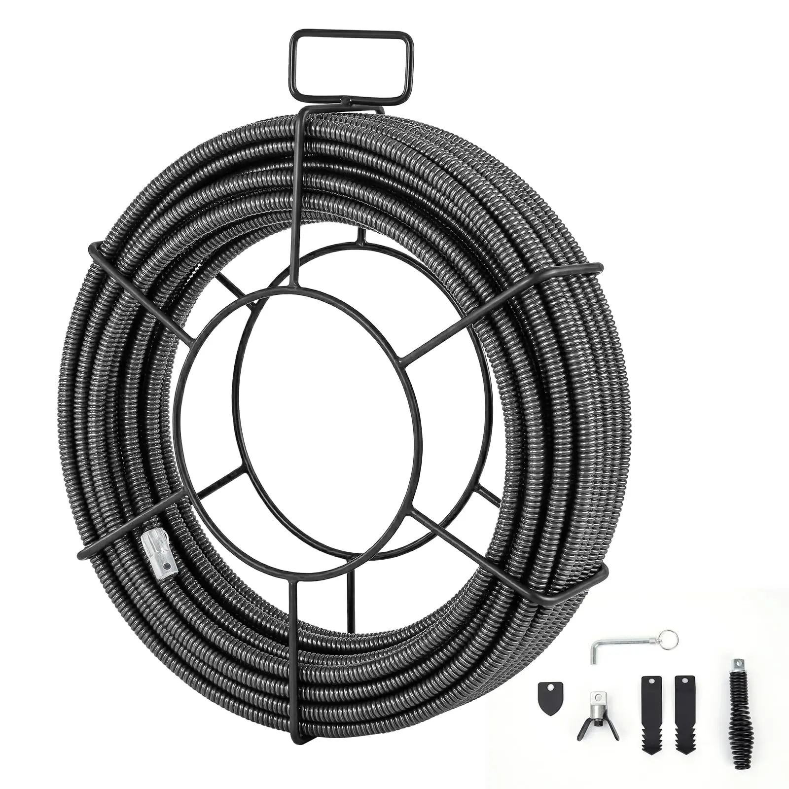 100 ft x 1/2 Inch Solid Core Drain Snake Cable with 4 Cutter Shapes for Sewer, Pipe, and Drain Clog Cleaning - Heavy Duty Auger Tool