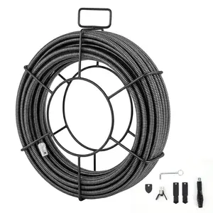 100 ft x 1/2 Inch Solid Core Drain Snake Cable with 4 Cutter Shapes for Sewer, Pipe, and Drain Clog Cleaning - Heavy Duty Auger Tool