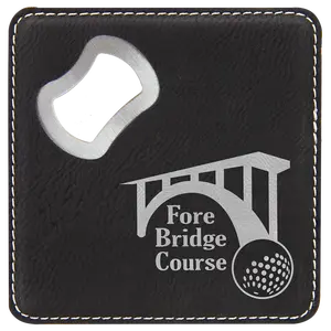 Square Black/Silver Laserable Leatherette Coaster with Bottle Opener