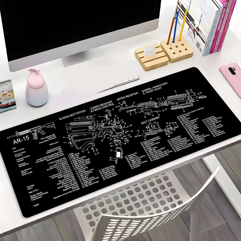 AR-15 Gun Blueprint Military Design Gaming Mouse Pad, Desktop Protection Pad, Washable Rubber Pad Non-Slip Lock Edge Multi-Size, Suitable For Home & Office Desk Accessories, Computer Mouse Pad, Mousepad