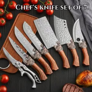 Forged High Carbon Steel Viking Knife Set,7-piece kitchen knife set - 3-piece set, hammered blade design, reduces food sticking, butcher knife and boning knife stainless steel super sharp kitchen knife