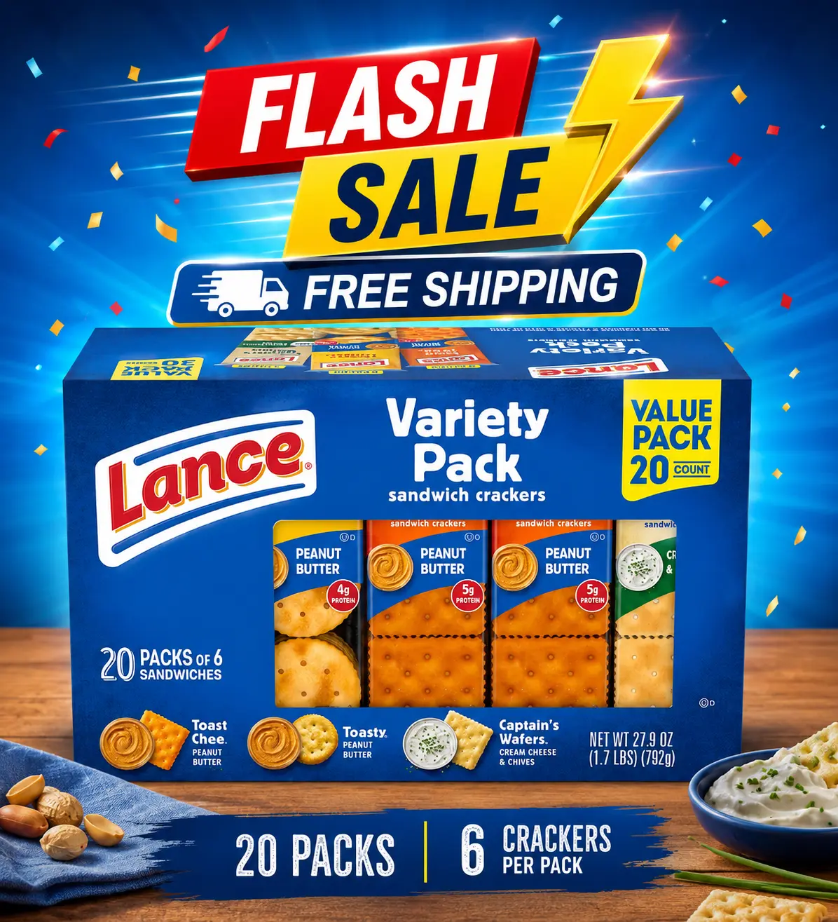 Lance Sandwich Crackers Variety Pack, 20 Individually Wrapped Snack Packs, 3 Delicious Flavors, 6 Sandwich Crackers Per Pack, Ready-to-Eat Peanut Butter & Cheese Crackers, Perfect Lunch Box Snacks, On-the-Go Office & School Treats, Family Size Multipack