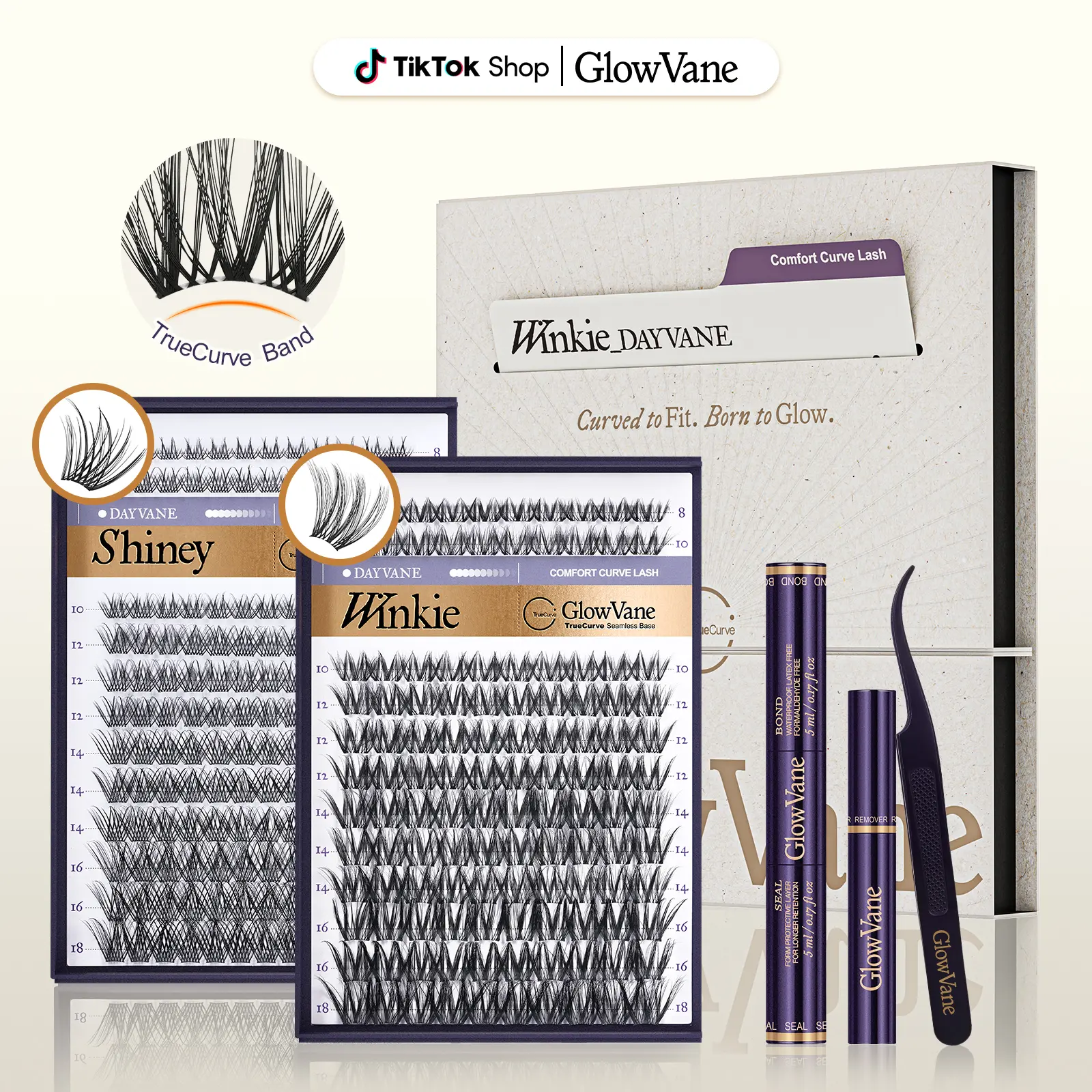 GlowVane TrueCurve Cluster Lashes Kit - Cosmetic Eyelash Extension for Adults, 0.03mm Invisible Curved Band, 8-18mm DD Curl, Soft Lightweight Nature-Infused Rich Girl Lashes, Latex-Free Glue, Blister Box, DIY for Beginners, Seamless Eye Fit