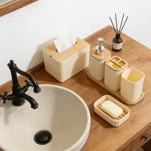 6-Piece Bathroom Accessories Set, Bamboo Lid Design, Modern Decor, Bathroom Decor Supplies, Durable and Easy to Clean, Suitable for Home or Office, Multiple Colors Available, Bathroom Accessories Organizer