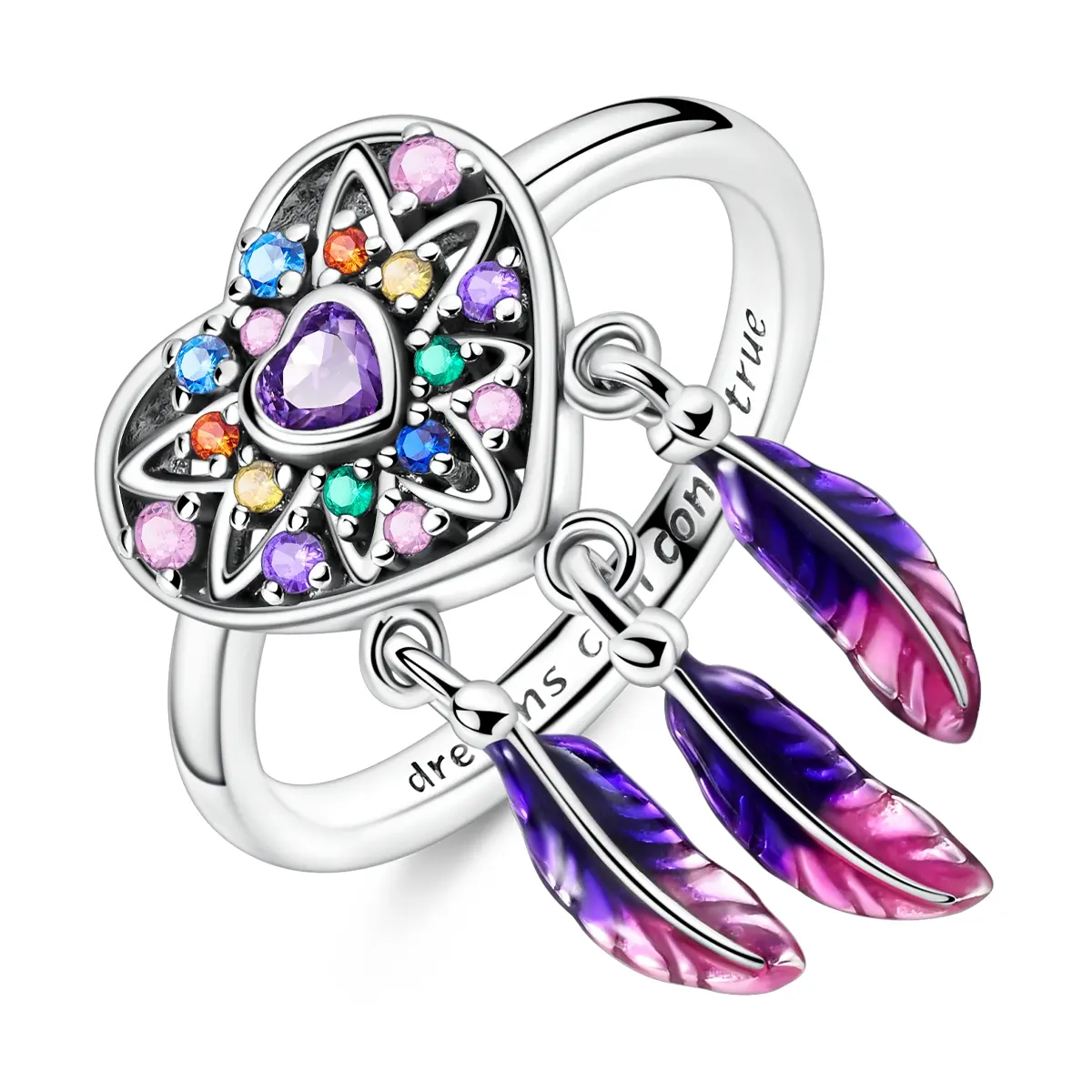 NARMO Dreamcatcher Heart Ring | Silver, Zirconia & Enamel | Colorful Feathers & Heart-Shaped Design | Dreams Come True | Perfect Gift for Wishful Dreamers