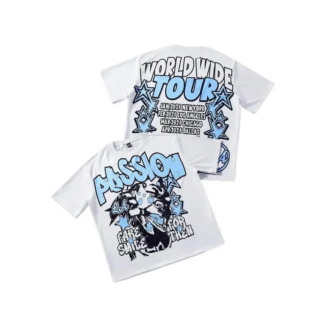 "Worldwide Tour"  T-Shirt |   White Blue Oversized Streetwear Cotton T-Shirt |   Trendy Men's Y2K Retro Concert Aesthetic |   "Fake For Then Smile" Quote Print |   Comfort Soft Fabric Daily/Concert/Street Style Top |   good graphic tees Apparel Classic Cl