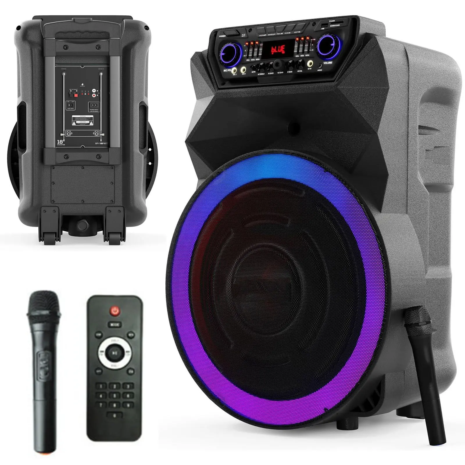 18-Inch Portable Party Bluetooth Speaker - 7000mAh 12V Rechargeable Audio Device with Deep Bass, Wireless Microphones, USB/SD, AUX, Guitar Inputs, Watts Output, Lights, Remote, Handle, Multifunctional Wireless Speaker,back to school,back to school haul