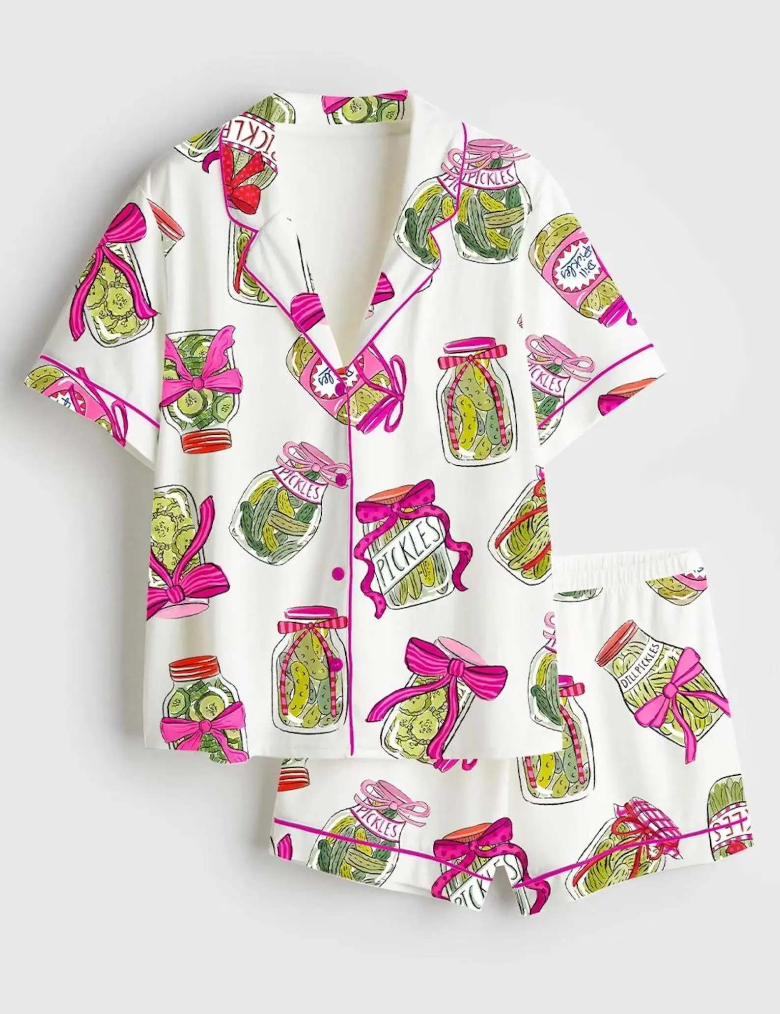 Women's Silky Satin Pajama Set, Pickle Print 2-Piece Comfy Loungewear with Adjustable Drawstring and Pockets