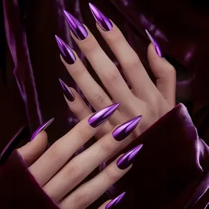 Solid Purple Electroplated Press on Nails Long Almond Fake Nails Metallic Mirror False Nail Design Aurora Purple Glossy Acrylic Nails for Women Girl DIY Manicure Decoration 24Pcs