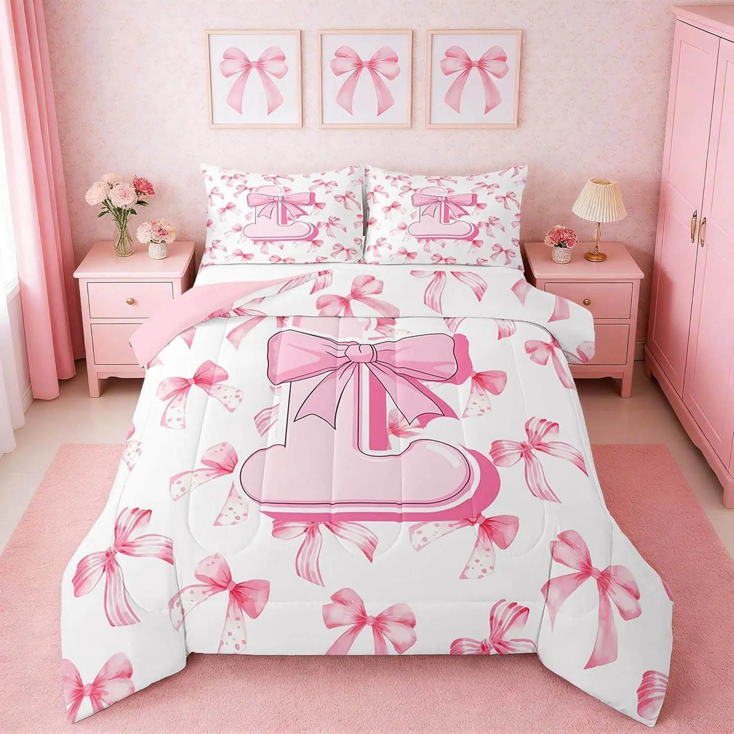 Kids Girls Cute Pink Bow Comforter Set Personalized Initial L Bedding Set Ultra Soft Monogrammed Duvet Quilt Coquette Bow Knot Quilt Set Room Decor Modern Fashion Comforter