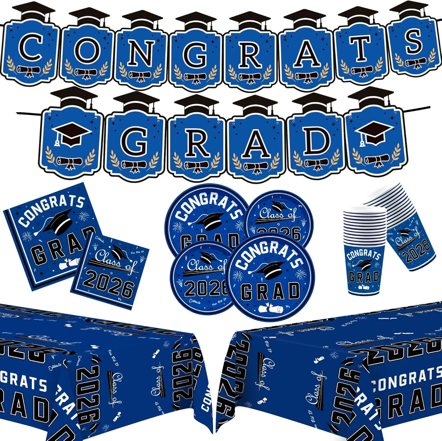 Graduation Decorations 2026 2027 - Graduation Decorations Class of 2026 - Serve 24 - Blue Plates Tablecloth Napkins Cups Banner - Graduation Party Favors Supplies