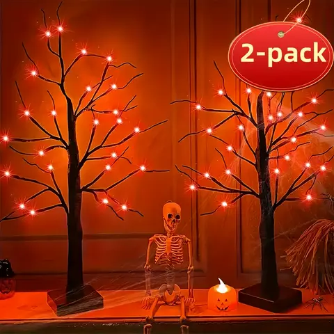 Halloween Tree Lights 2 Piece 24 Inch Artificial Black Tabletop Trees with Orange & Purple LED Lights, Battery Operated, Spooky Indoor Outdoor Home Haunted House Decor Set + 18 Mystery Ornaments