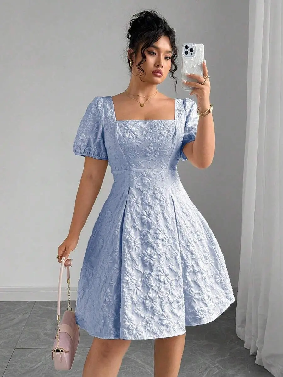 JOYCE Plus Size Women's Hot Selling Floral Jacquard Elegant Puff Sleeve Square Neck Midi Dress