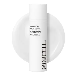 Minicell Clinical Cicasome Cream, K Beauty Skincare, A derma-care cream combining CICA-Exo, 9 Peptides, SYTENOL A, and Glutathione, designed to restore elasticity and vitality to sensitive skin. One resilient layer powered by Tight Barrier Layer Hydrating