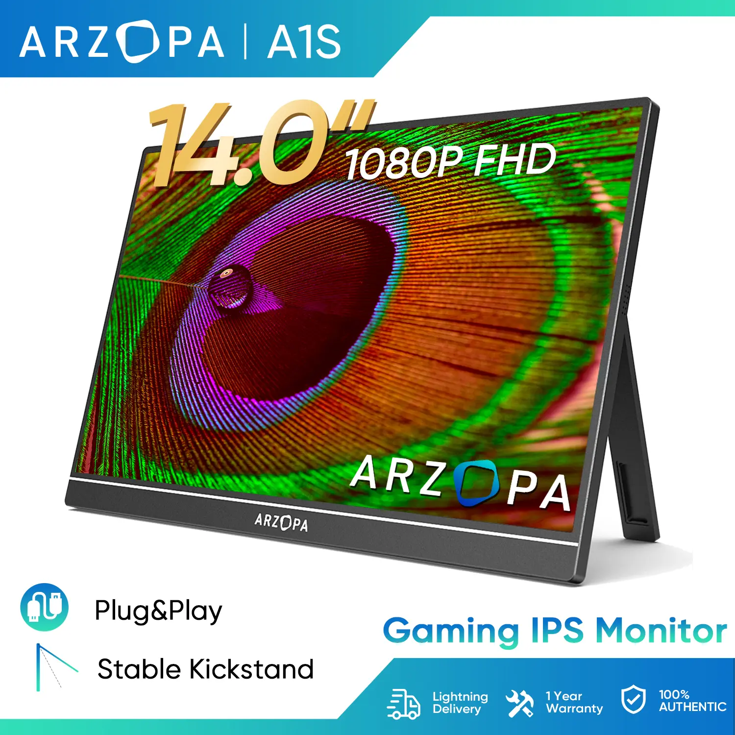 NEW-Arzopa Full HD 1920x1080P 14.0" Portable A1S Display, USB-C and HDMI Ports, IPS Panel, Compatible with iPad, Laptop, MacBook, Smartphone, Xbox, Switch, PS4, Perfect for Creatives and Gamers, Ultra-Thin