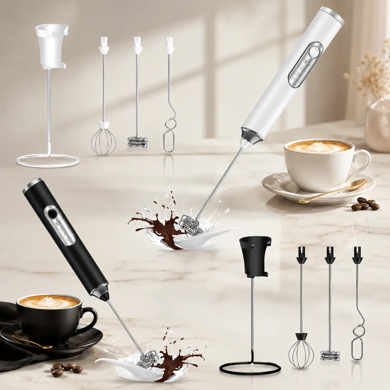 Rechargeable Handheld Electric Milk Frother - 3-Speed Coffee Foam Maker with 4 Interchangeable Stainless Steel Whisk Heads, Storage Stand, Portable Mini Mixer for Latte, Cappuccino Detachable Kitchen Utensils Compact  Disposable Smooth Stirrer Stylish