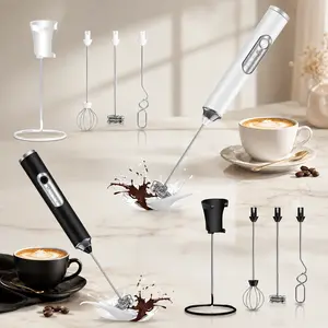 Rechargeable Handheld Electric Milk Frother - 3-Speed Coffee Foam Maker with 4 Interchangeable Stainless Steel Whisk Heads, Storage Stand, Portable Mini Mixer for Latte, Cappuccino Detachable Kitchen Utensils Compact  Disposable Smooth Stirrer Stylish