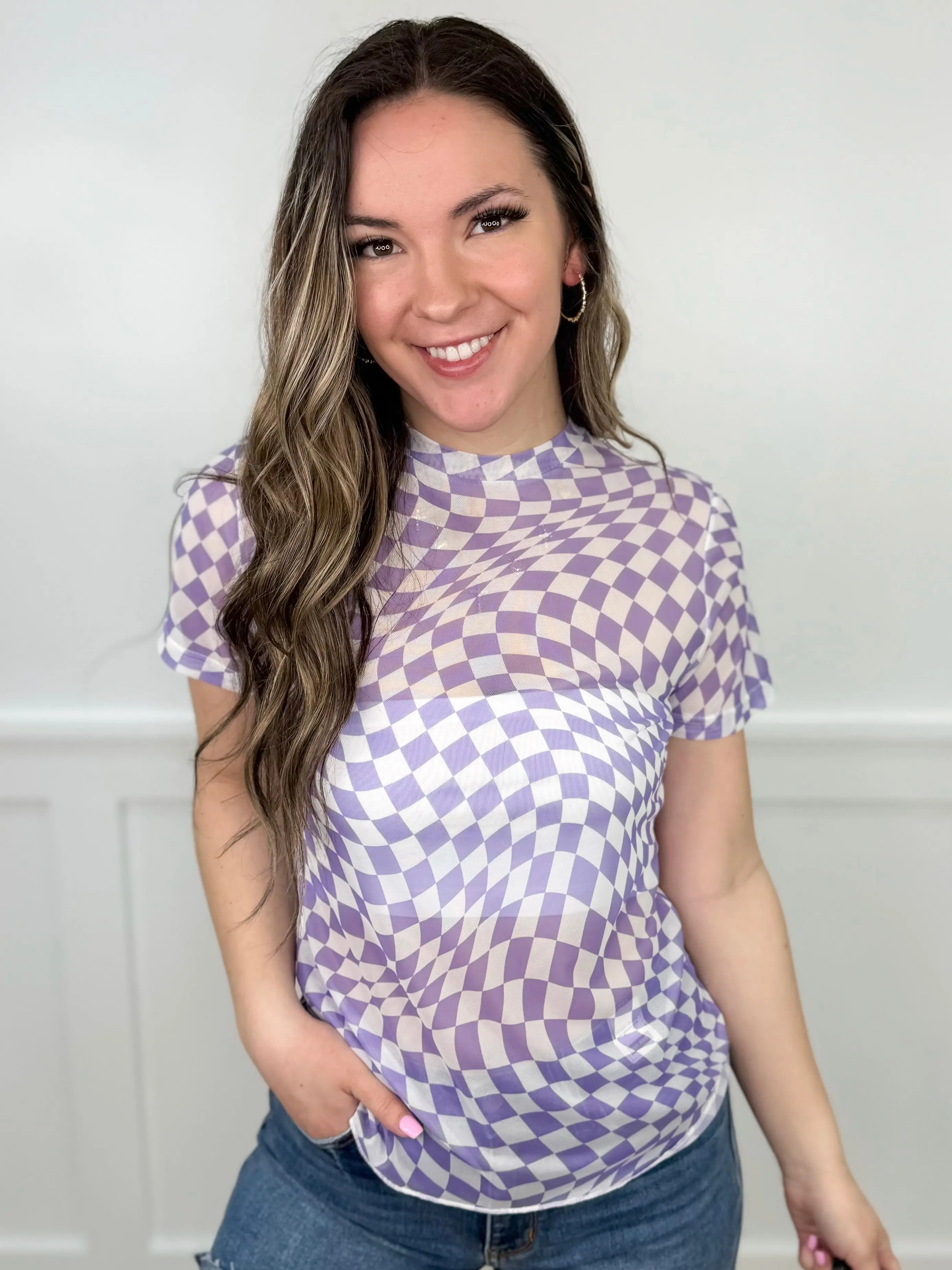 Women's Casual Checkered Print Top, a Sheer Mesh Short Sleeve Polyester Shirt with Fitted Round Neck, Plus Sizes Available 1XL-3XL, Casual Chic, Moderate Stretch