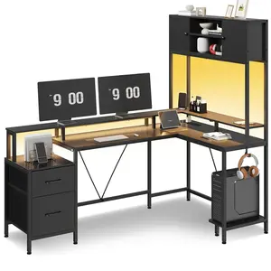 Reversible L-Shaped Led Gaming Desk Black Computer Monitor Stand