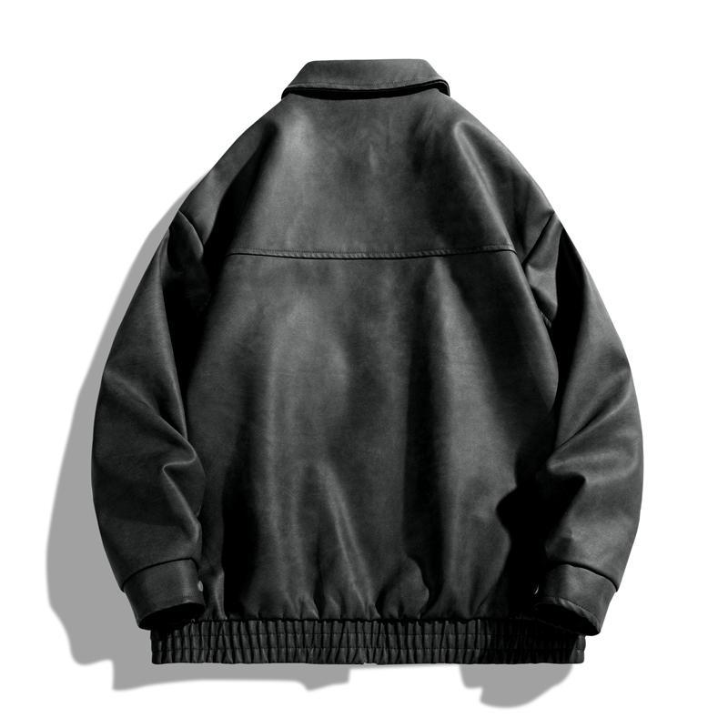 Academic Style American Vintage Solid Color Niche Design Motorcycle Flight Jacket PU Leather Coat Turn-down Collar Casual Loose Versatile Unisex Jacket Outerwear Long Sleeve Classic