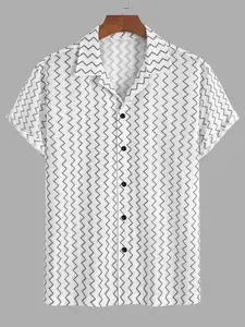 Men's Geometric Jacquard Cuban Collar Short Sleeve Shirt, Casual Buttons Collared, Casual Fashion Top, Daily Wear and Outdoor Activities, Modern Men's Design, Casual Fitted Collared