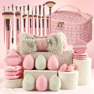 Beginner Friendly Pink Makeup Set, Brushes + Beauty Sponges + Powder Puffs + Headband, Soft & Non-Absorbent, Easy to Blend, Portable Tweed Bag for Daily & Travel Use