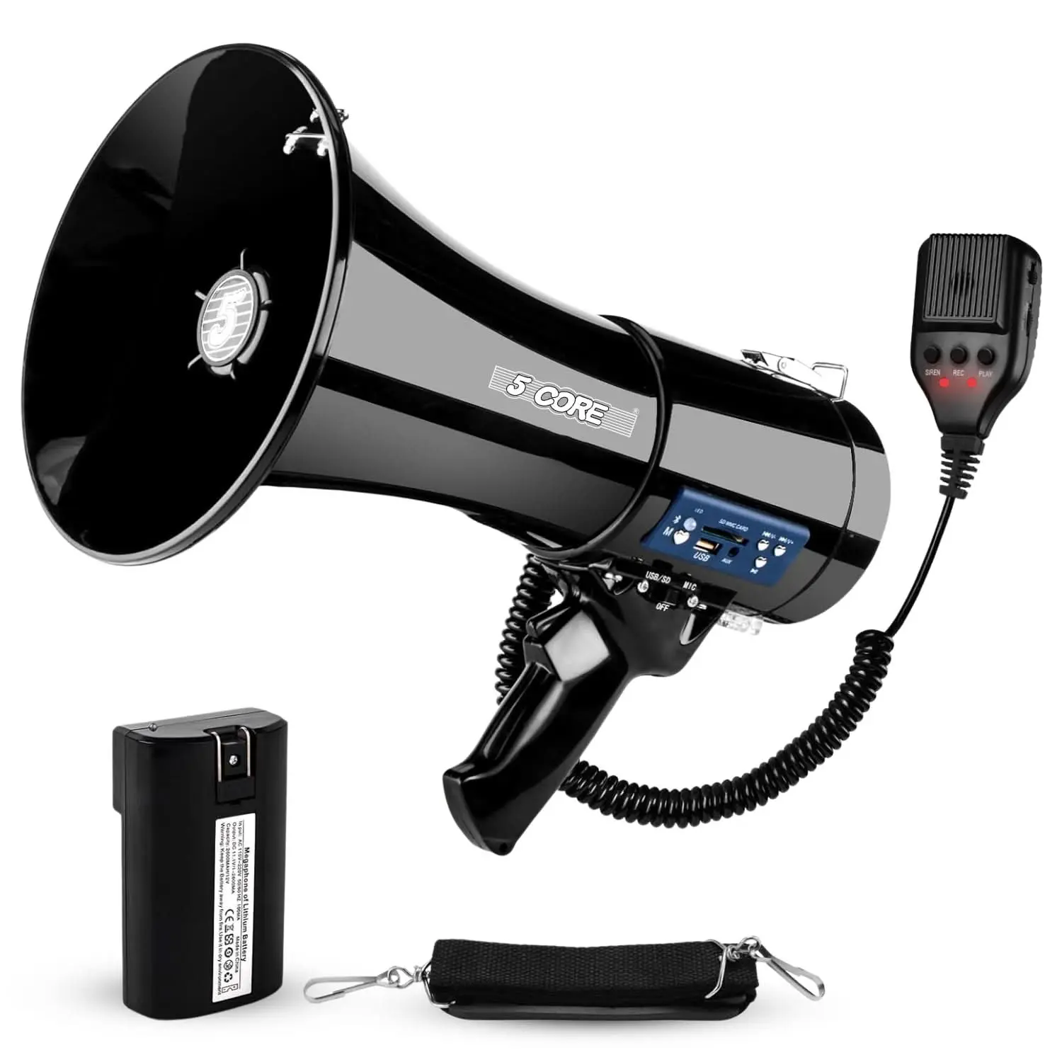 5 Core Megaphone Bullhorn 50 Watt Speaker Siren Handheld Mic Adjustable Volume Shoulder Strap Loud Clear Audio for Crowd Emergency Sports Events - ER 66BTUC GLSY WB
