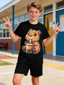 Kids 2 Piece Outfits Cartoon Capybara Boba Milk Tea Print Boys Summer Short Sleeve T Shirt + Shorts Set Cute Casual Theme Breathable Casual Clothes for School Daily Cute Personality Kids Clothing