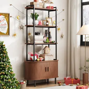 【CategorySelect】ONBRILL 71" Tall Bookshelf, 4-Tier Book Shelf with Storage Cabinet, Modern Bookcase with Sliding Door and Adjustable Footpad, Freestanding Storage Organizer Bookshelf, Living Room Furniture, Bedrrom Furniture