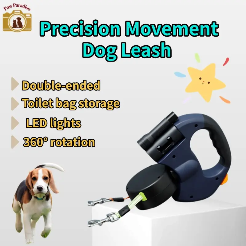 High-Quality Double-ended Small Dog Leash, Precision Mechanism, Auto-Adjustable, 360° Rotating Anti-Knotting, LED Light, Poop Bag Holder